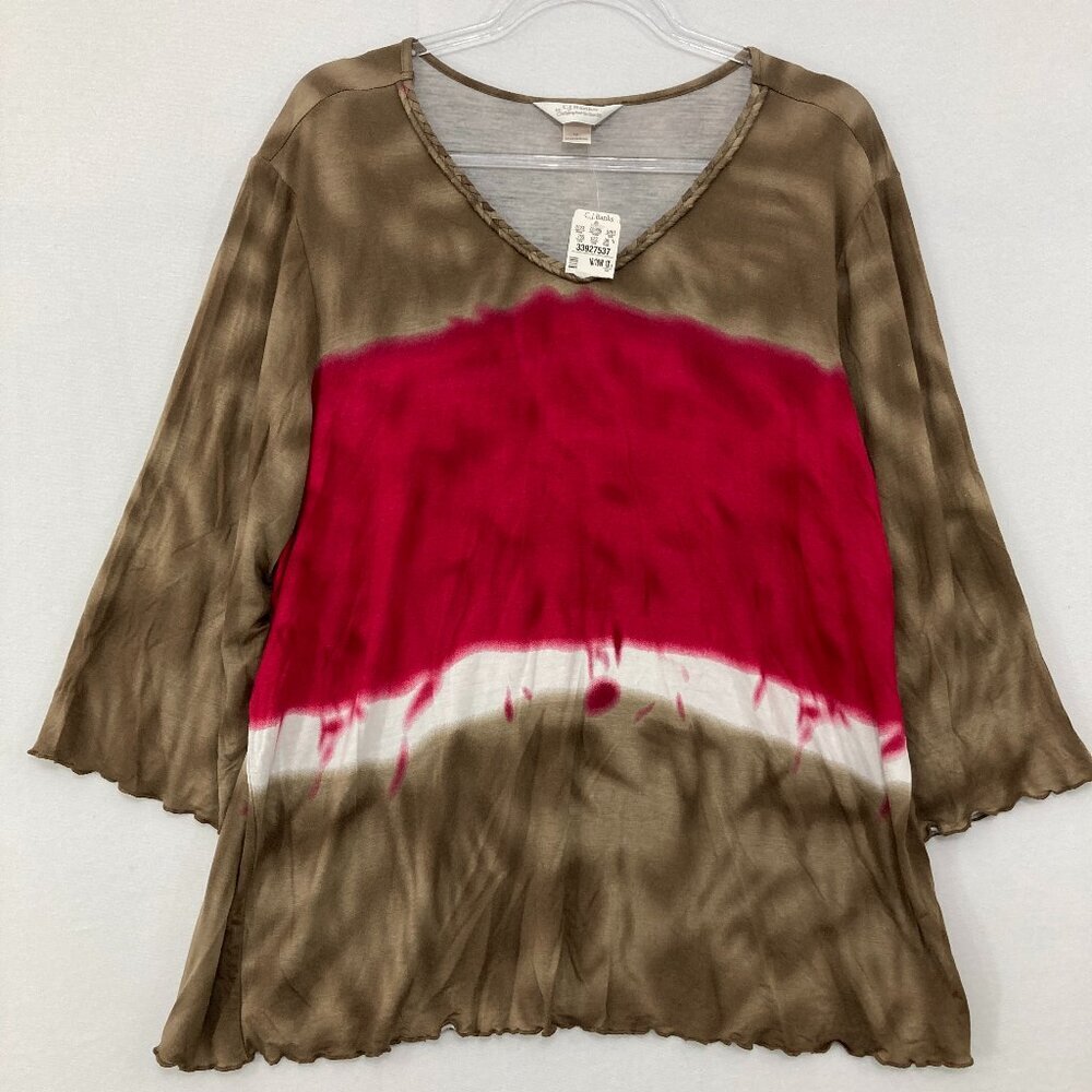 New‎ Christopher & Banks sz 1X V Neck Brown Red Tie Dye Color-block Stretch Top